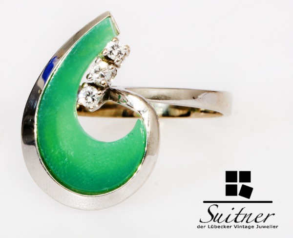moderner Design Ring mit Jade und Brillanten aus 585 Weißgold Gr. 53 Gold Grün