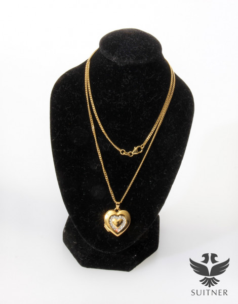 Halskette mit Herzmedaillon, Fotomedaillon, 375er Gelbgold, Zirkone