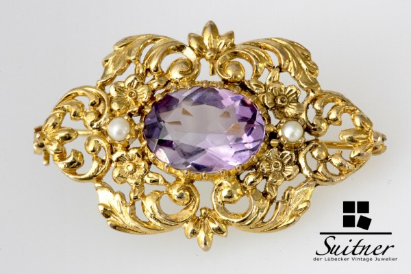 Antike Brosche / Anhänger aus Gold im Stil Biedermeier mit Amethyst