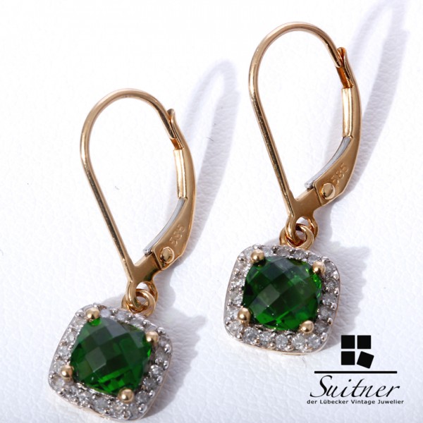 prachtvolle Chromdiopsid Ohrhänger mit Brillanten 585 Gold Grün like Emerald