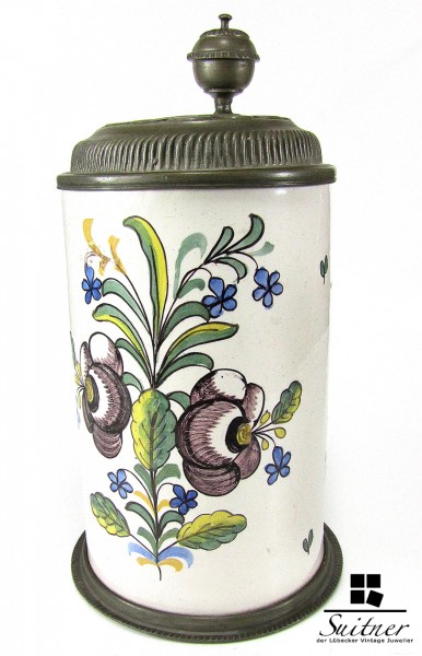 Fayence Walzenkrug von 1786 selten antik Zinndeckel Elias Himmelfahrt TOP