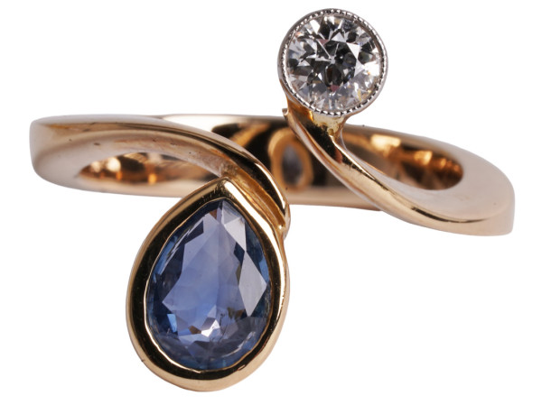 Designring 1,65ct. Diamant Ceylon Saphir Tropfen 585 Gold Ring RG 52