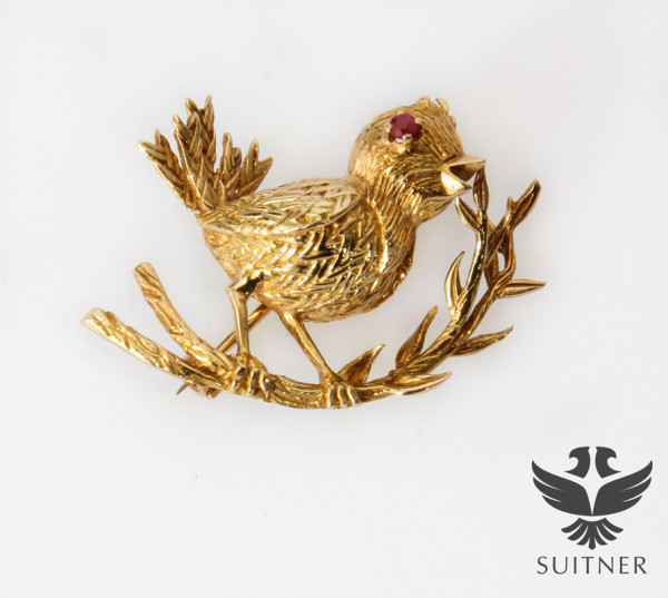 Vintage Brosche Boucheron Paris Spatz mit Rubin aus 750 Gold - Bird Vogel