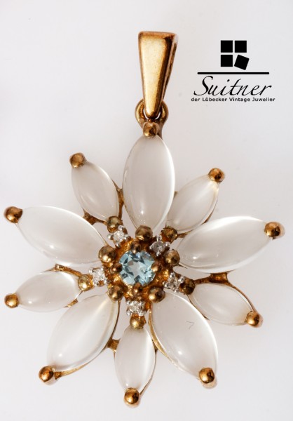 Blumen Anhänger Margeriten aus Gold mit Mondstein und Zirkon floral