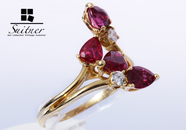 Vintage Ring mit 2,54ct. Burma Rubinen und Brillanten 750 Gold Gr. 58,5 Taubenblut Rot