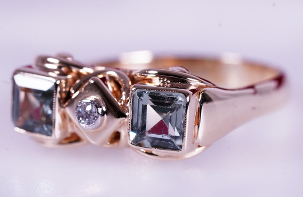 antiker Art Deco Aquamarin Ring mit Diamant aus 585 Gold Gr. 54