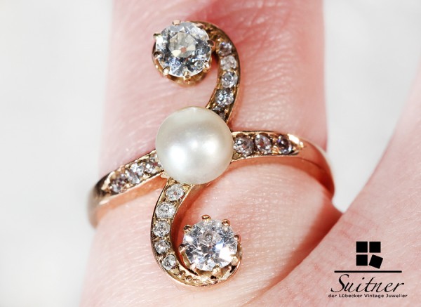 Jugendstil Ring 585 Gold mit 2 Diamanten & 1 Perle Art Nouveau Wave