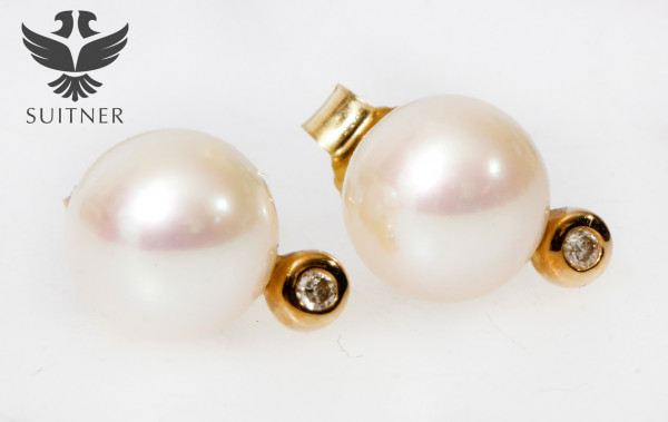 klassische Perlen Diamant Ohrstecker aus 585 Gold 8mm Perle Brillant